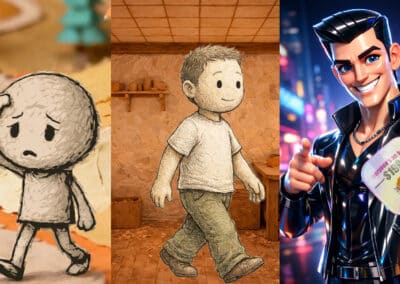 A collage showing character design work