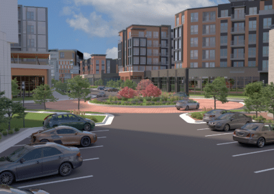 A 3D rendering of a multi-use development